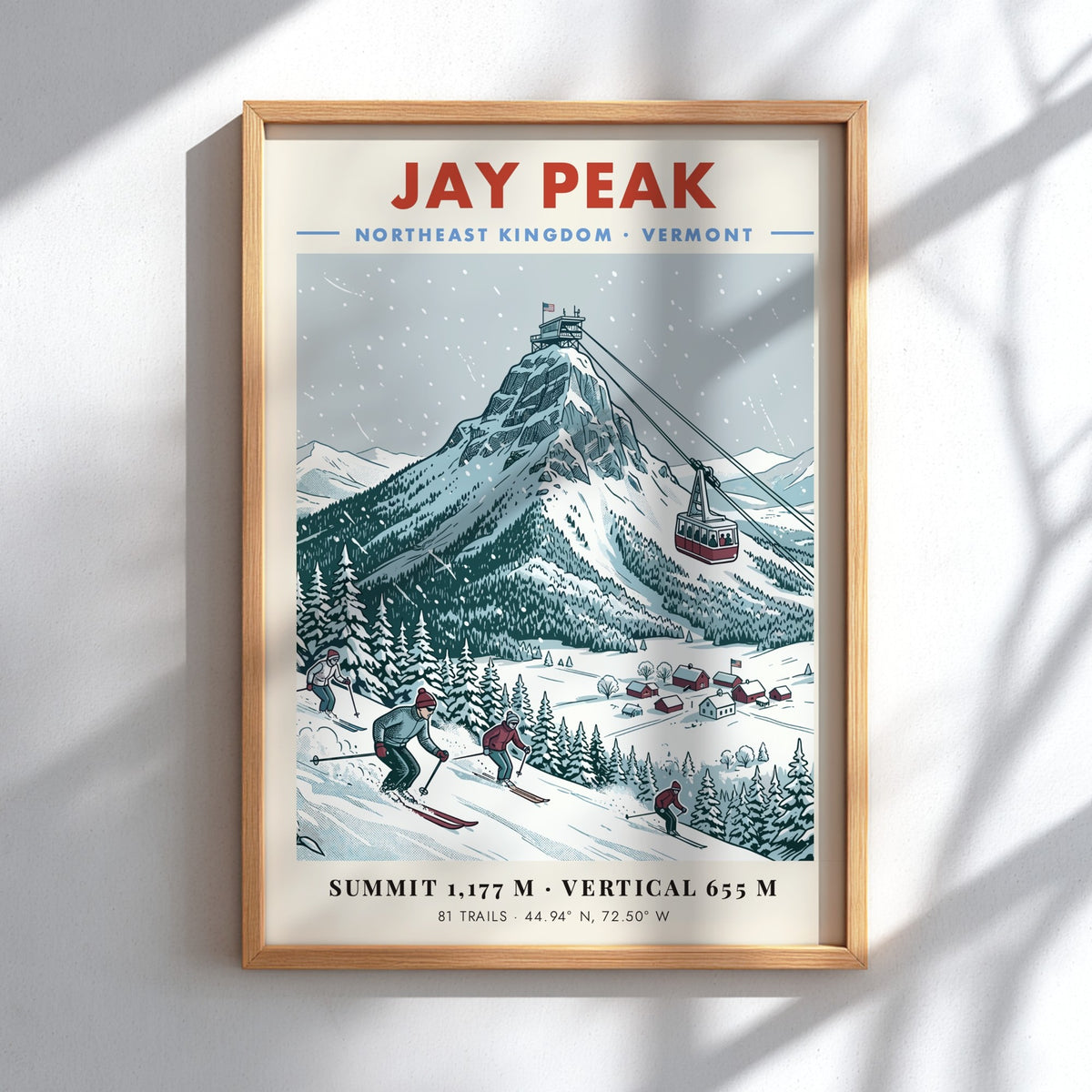 Poster of Jay Peak in Vermont featuring skiers, a mountain tram, and snowfall.