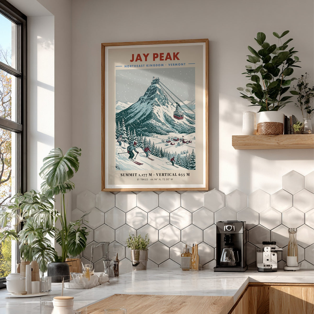 Poster of Jay Peak in Vermont featuring skiers, a mountain tram, and snowfall.