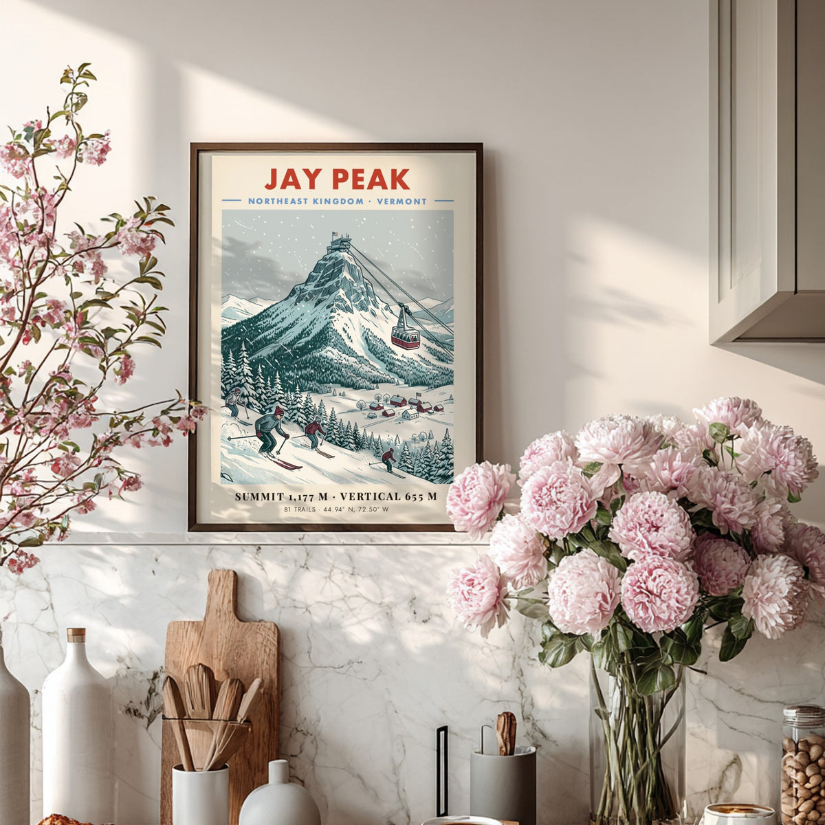 Poster of Jay Peak in Vermont featuring skiers, a mountain tram, and snowfall.