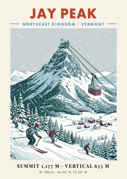 Poster of Jay Peak in Vermont featuring skiers, a mountain tram, and snowfall.
