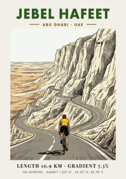 Poster of a cyclist riding up the winding Jebel Hafeet mountain road in Abu Dhabi