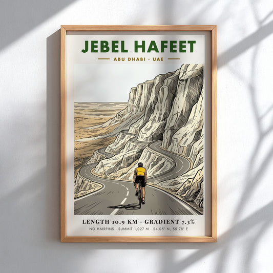 Poster of a cyclist riding up the winding Jebel Hafeet mountain road in Abu Dhabi