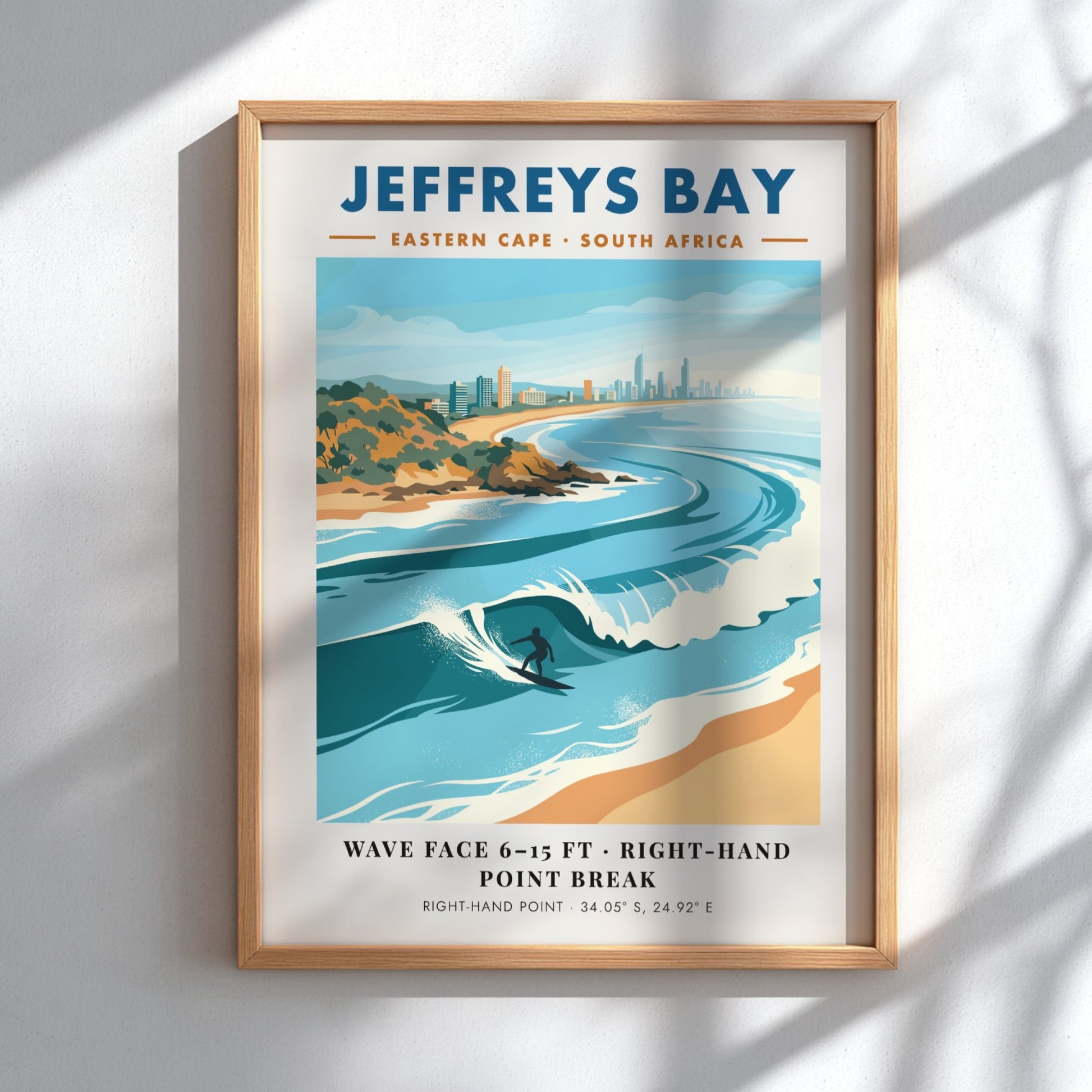 Jeffreys Bay travel poster featuring a surfer on a wave with coastal buildings behind.