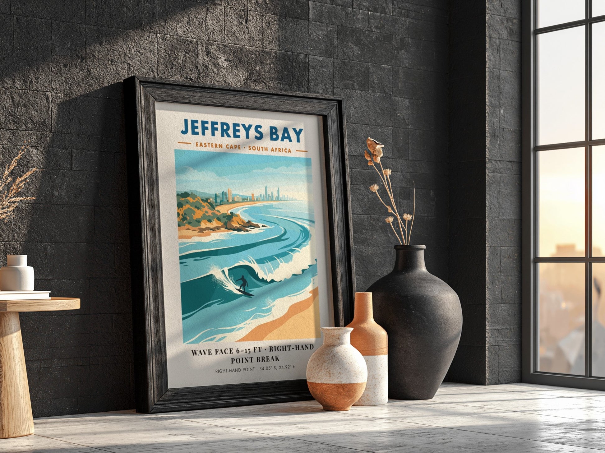 Jeffreys Bay travel poster featuring a surfer on a wave with coastal buildings behind.
