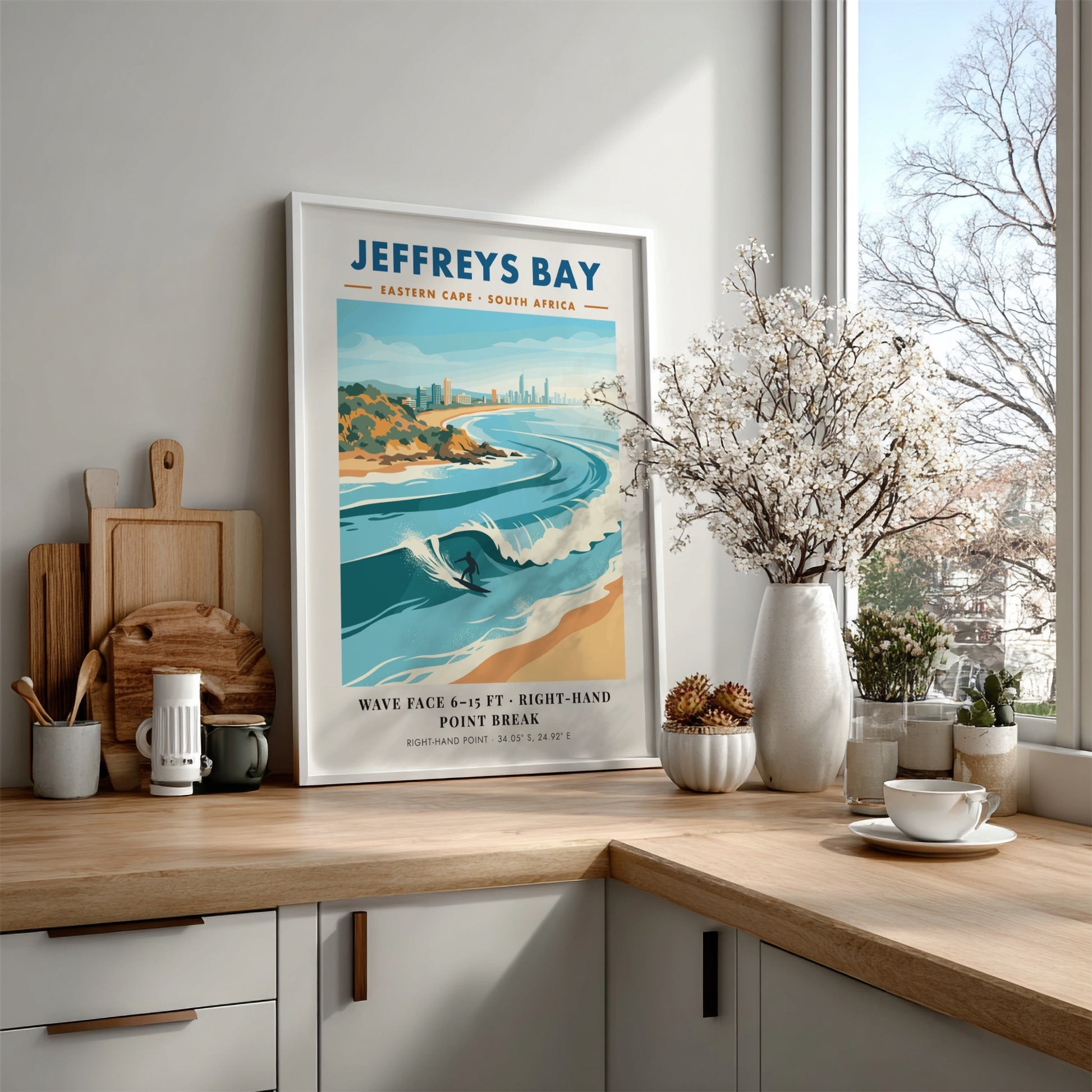 Jeffreys Bay travel poster featuring a surfer on a wave with coastal buildings behind.