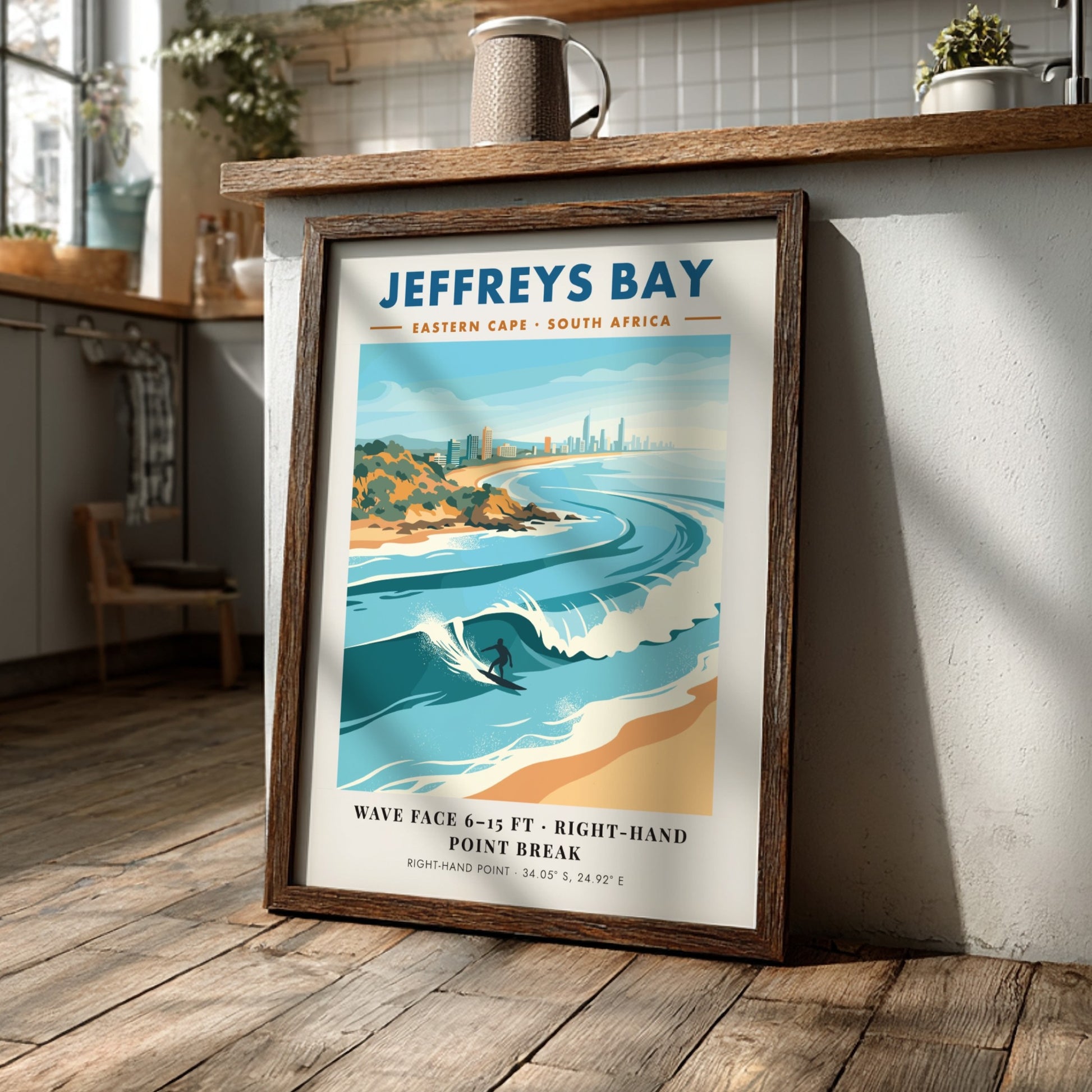 Jeffreys Bay travel poster featuring a surfer on a wave with coastal buildings behind.