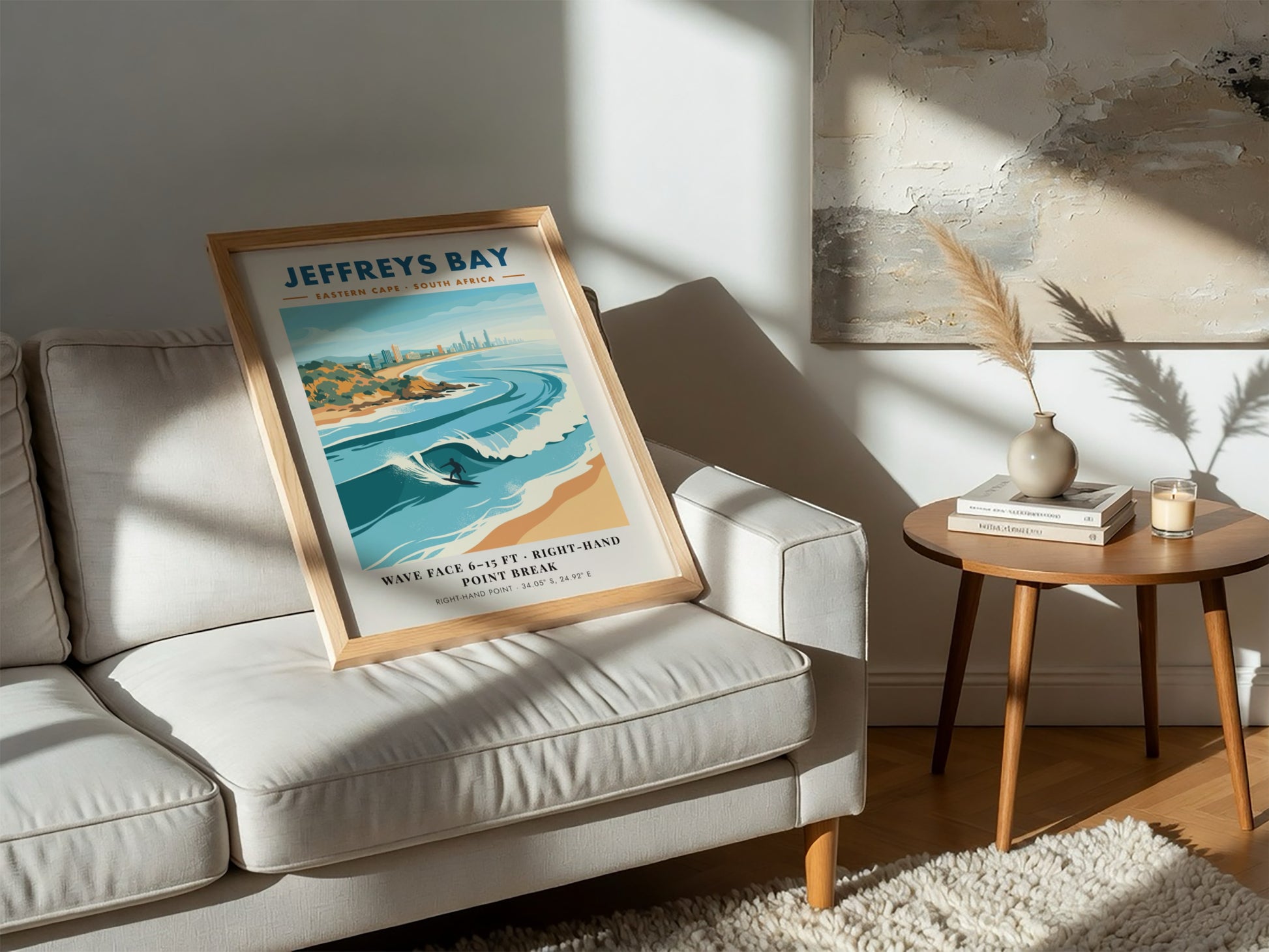 Jeffreys Bay travel poster featuring a surfer on a wave with coastal buildings behind.
