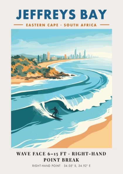Jeffreys Bay travel poster featuring a surfer on a wave with coastal buildings behind.