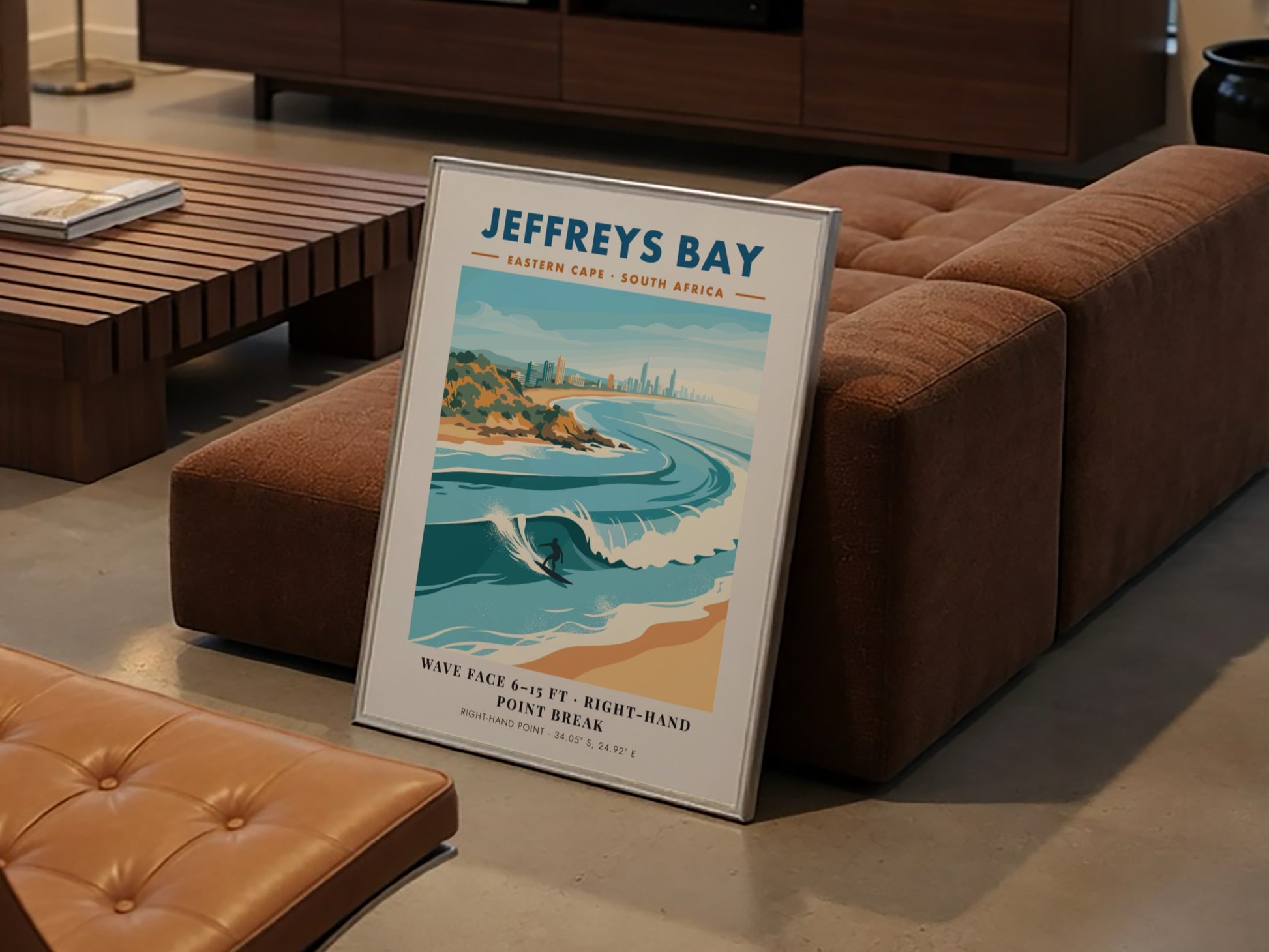 Jeffreys Bay travel poster featuring a surfer on a wave with coastal buildings behind.