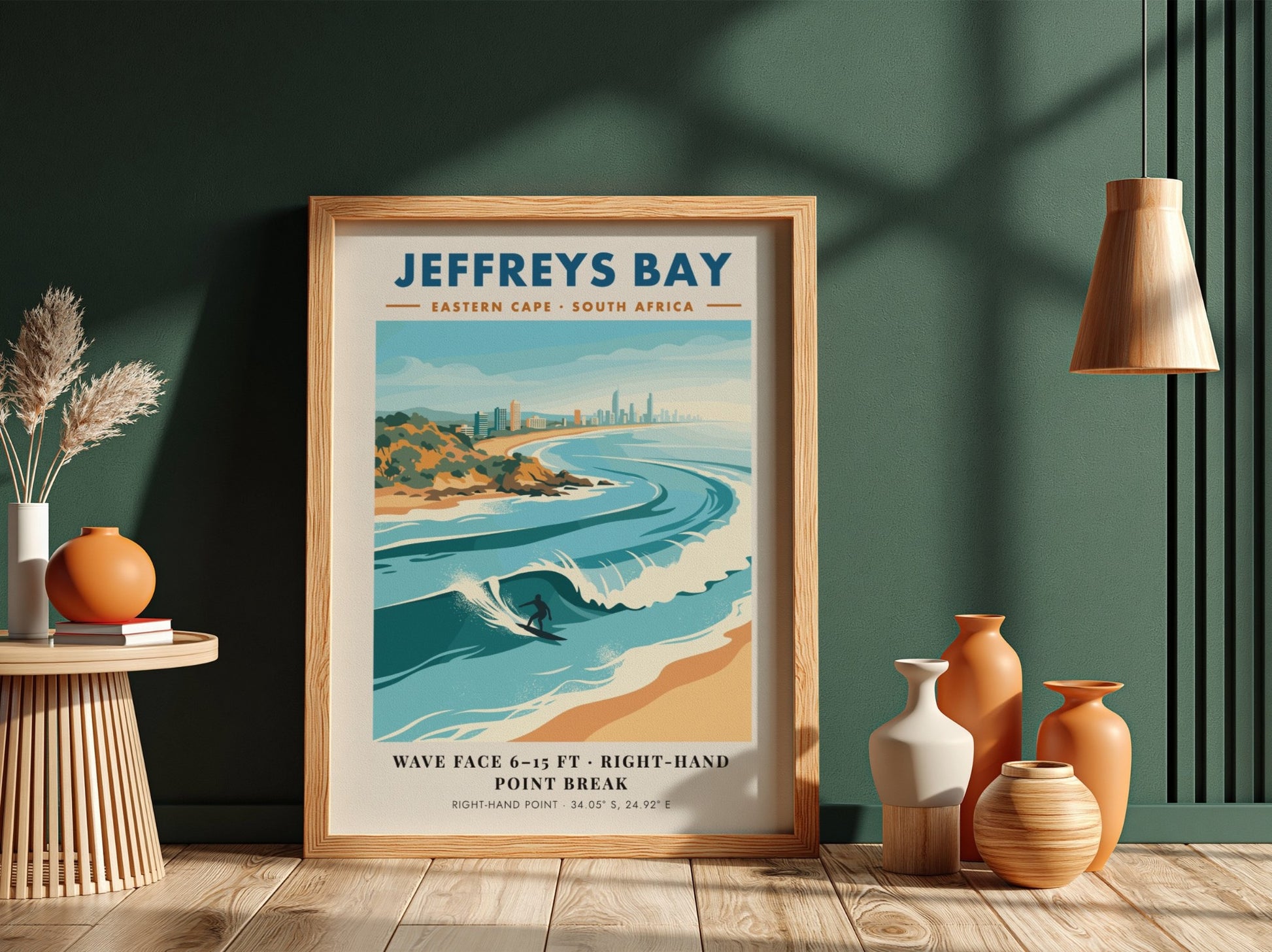Jeffreys Bay travel poster featuring a surfer on a wave with coastal buildings behind.