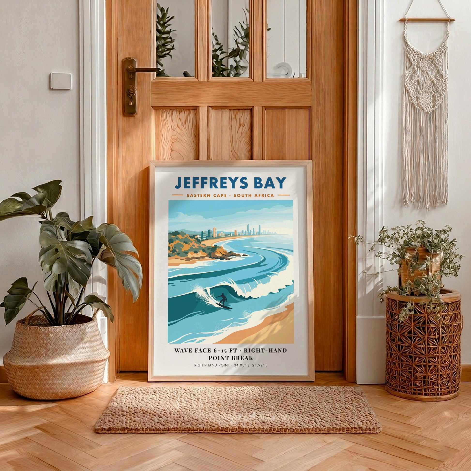 Jeffreys Bay travel poster featuring a surfer on a wave with coastal buildings behind.