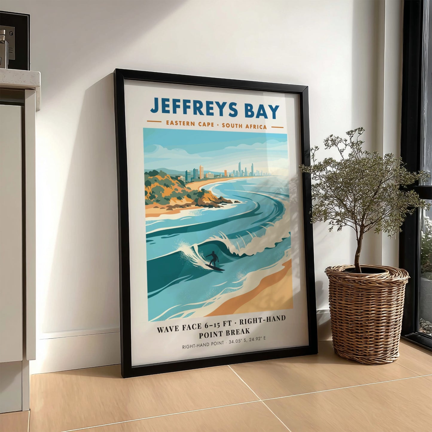 Jeffreys Bay travel poster featuring a surfer on a wave with coastal buildings behind.