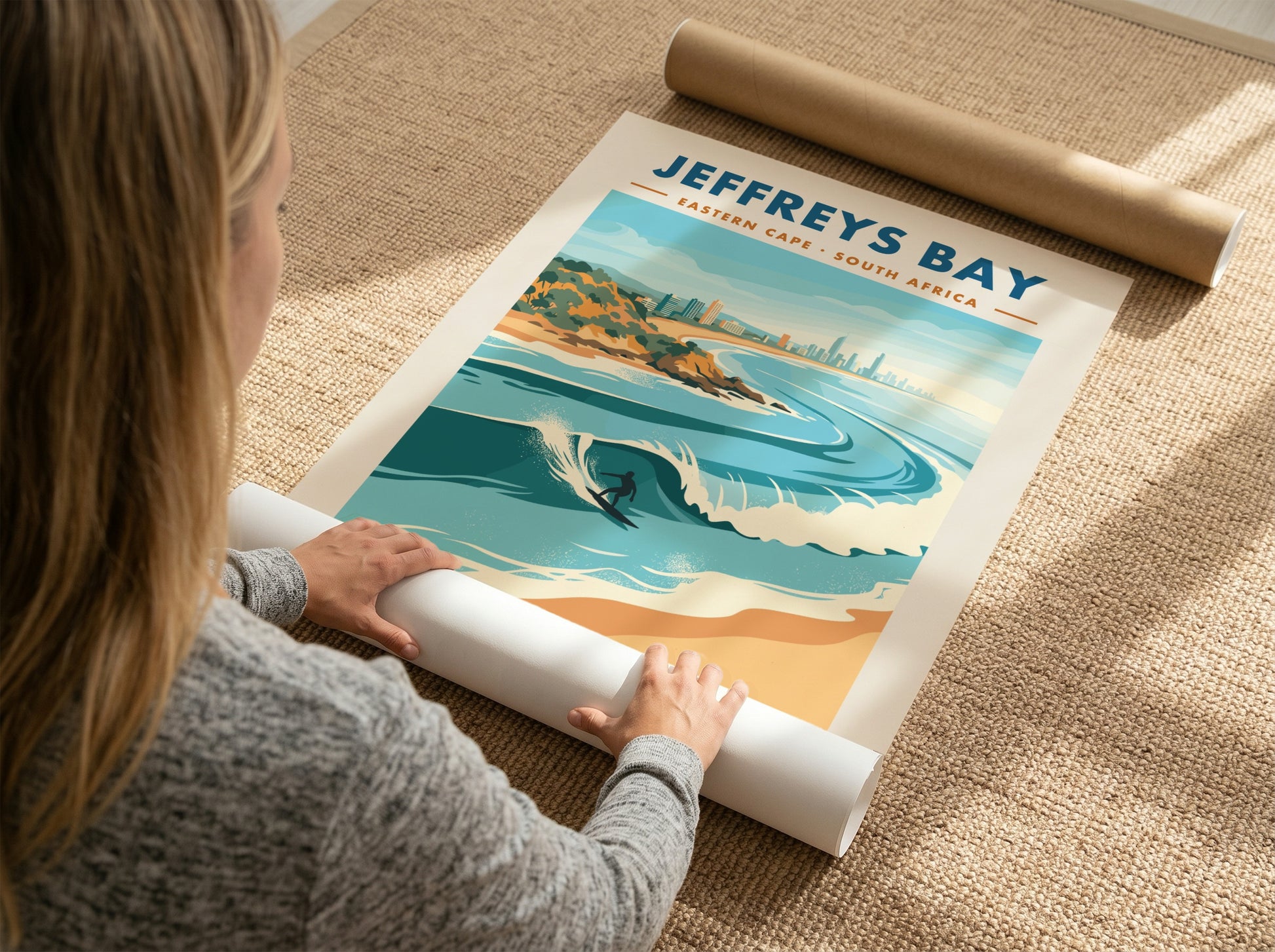 Jeffreys Bay travel poster featuring a surfer on a wave with coastal buildings behind.