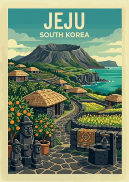 Jeju Village travel poster featuring stone houses, orange trees, and a volcanic crater in a vibrant
