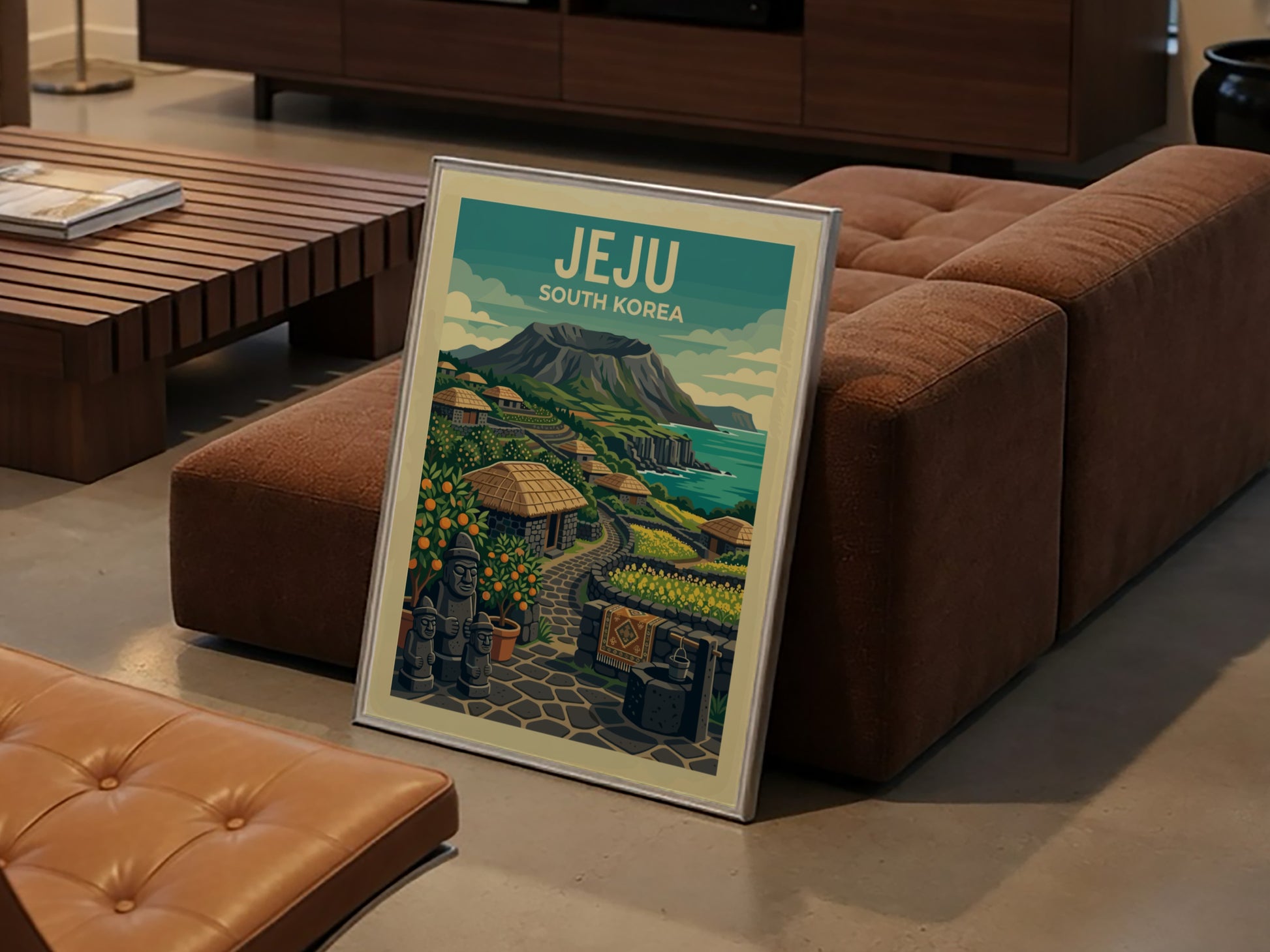 Jeju Village travel poster featuring stone houses, orange trees, and a volcanic crater in a vibrant