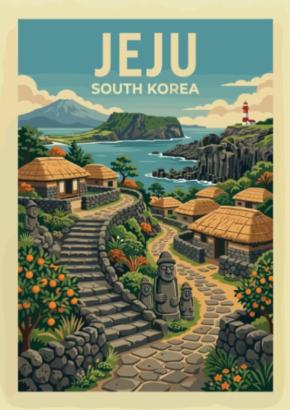 Jeju South Korea travel poster featuring a coastal village with traditional houses and stone paths.