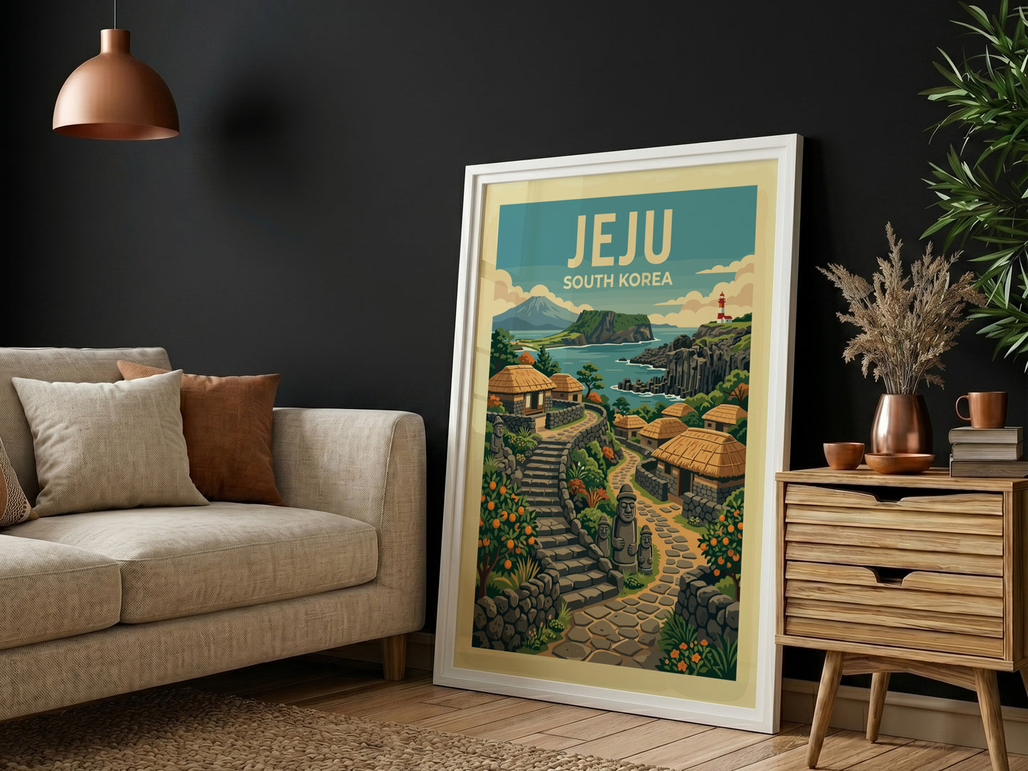 Jeju South Korea travel poster featuring a coastal village with traditional houses and stone paths.
