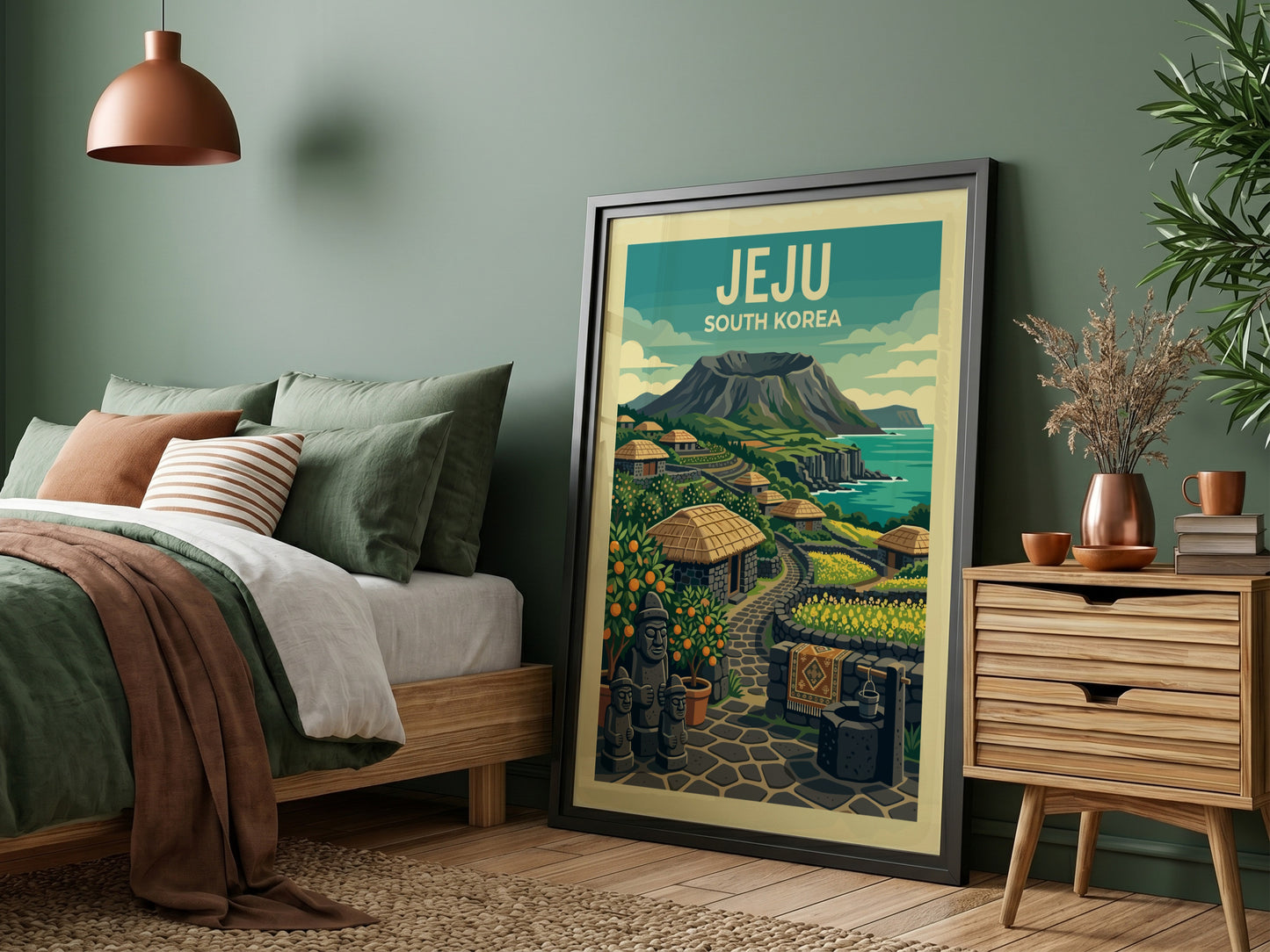 Jeju Village travel poster featuring stone houses, orange trees, and a volcanic crater in a vibrant