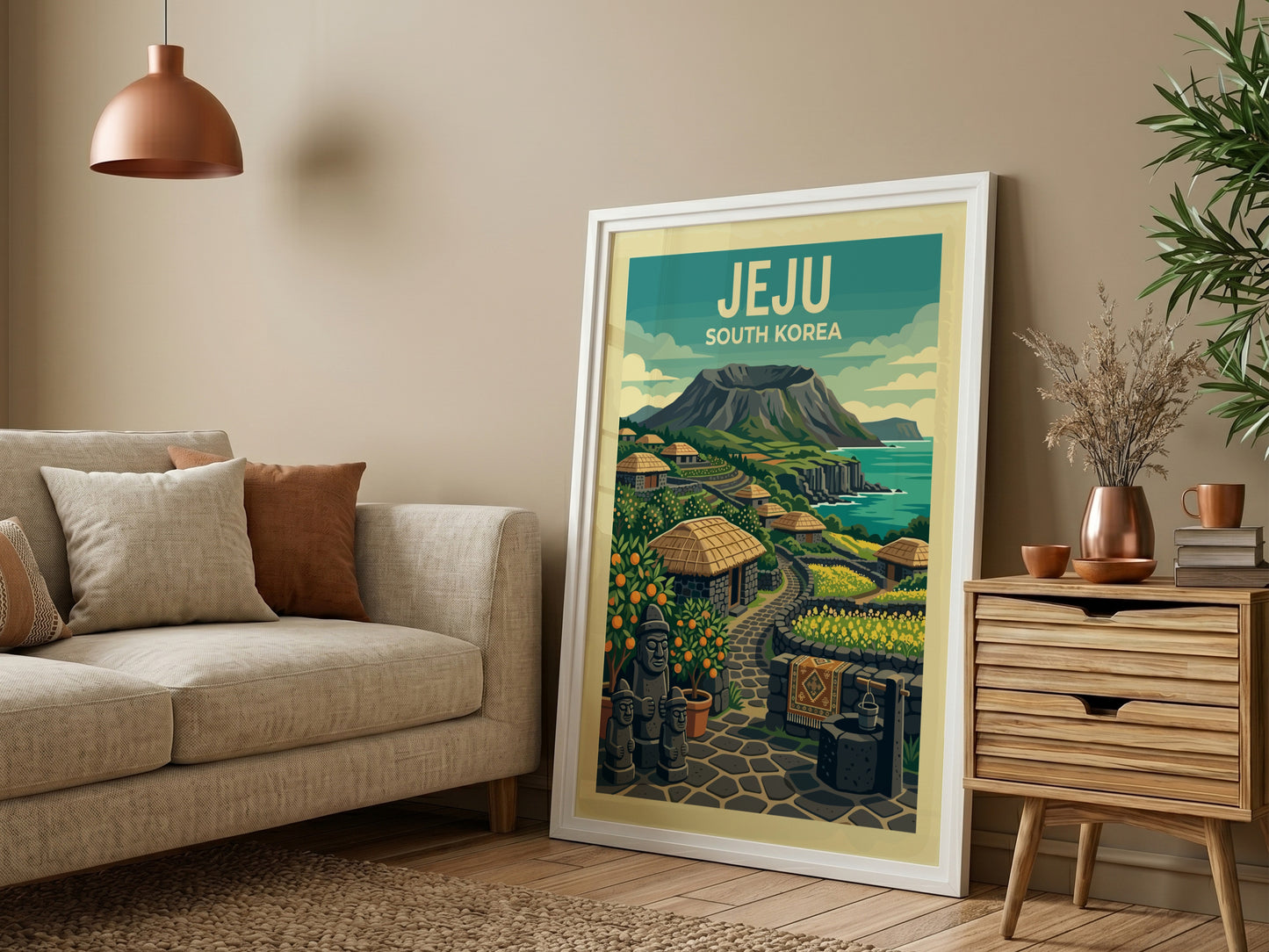 Jeju Village travel poster featuring stone houses, orange trees, and a volcanic crater in a vibrant