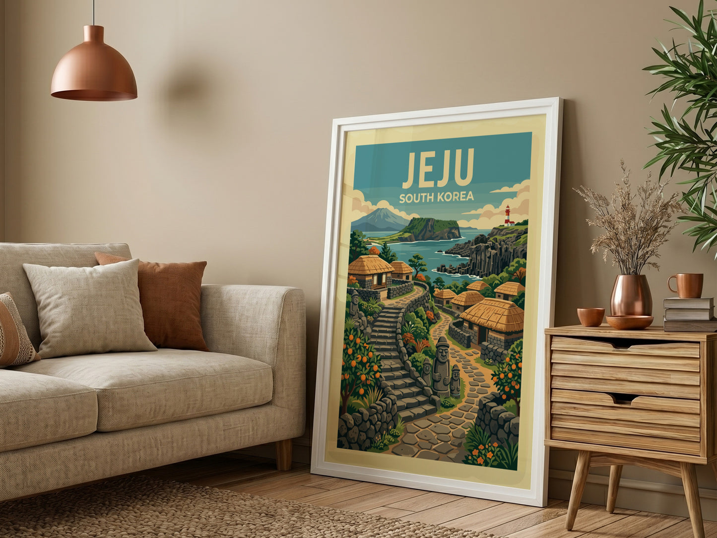 Jeju South Korea travel poster featuring a coastal village with traditional houses and stone paths.