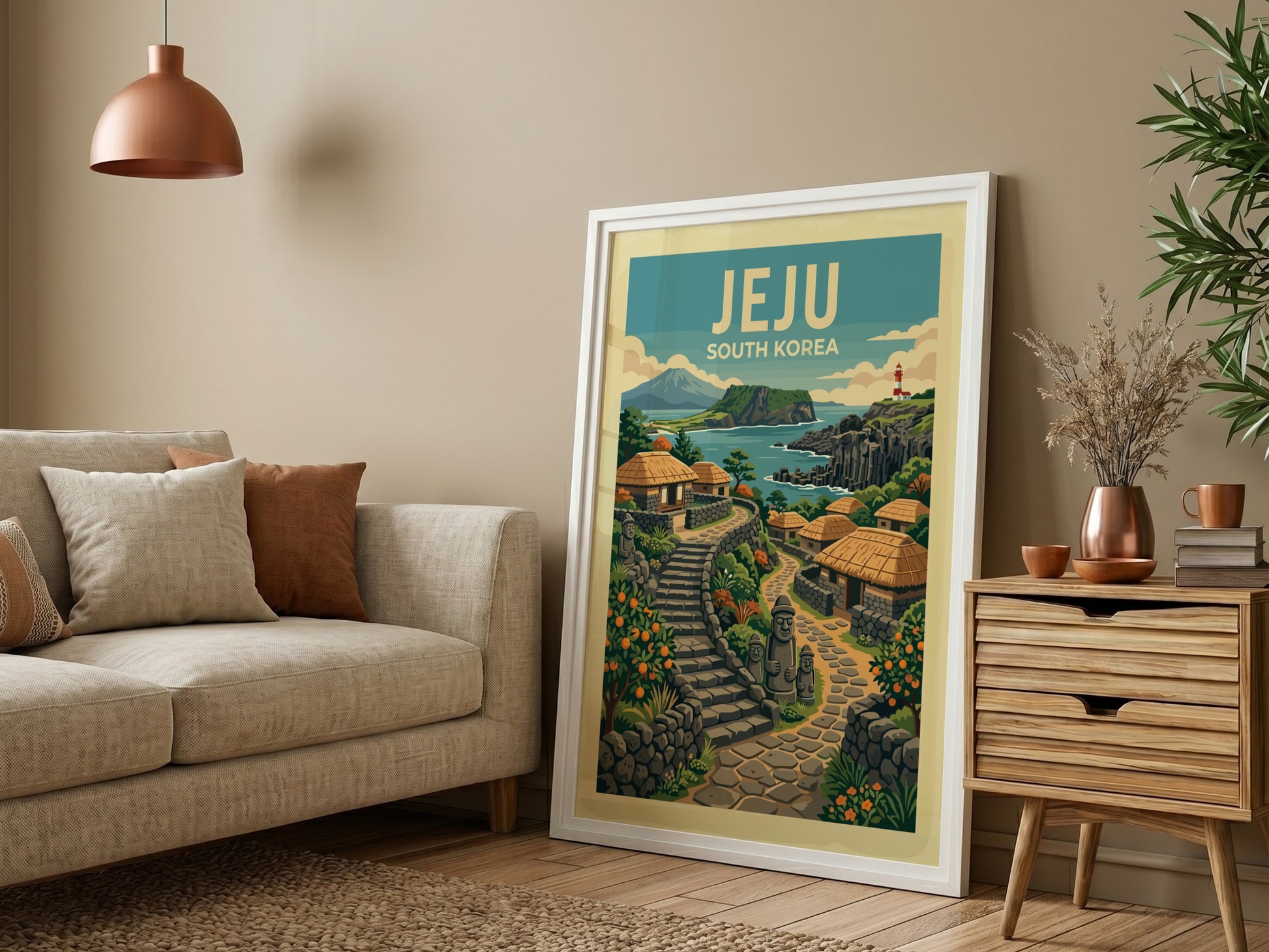 Jeju South Korea travel poster featuring a coastal village with traditional houses and stone paths.