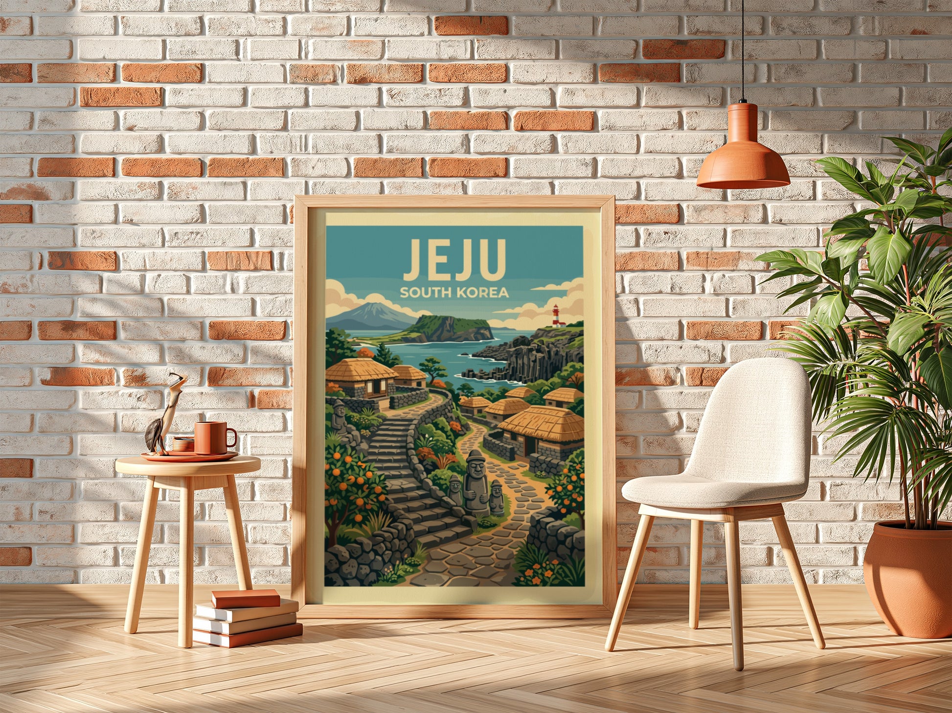 Jeju South Korea travel poster featuring a coastal village with traditional houses and stone paths.