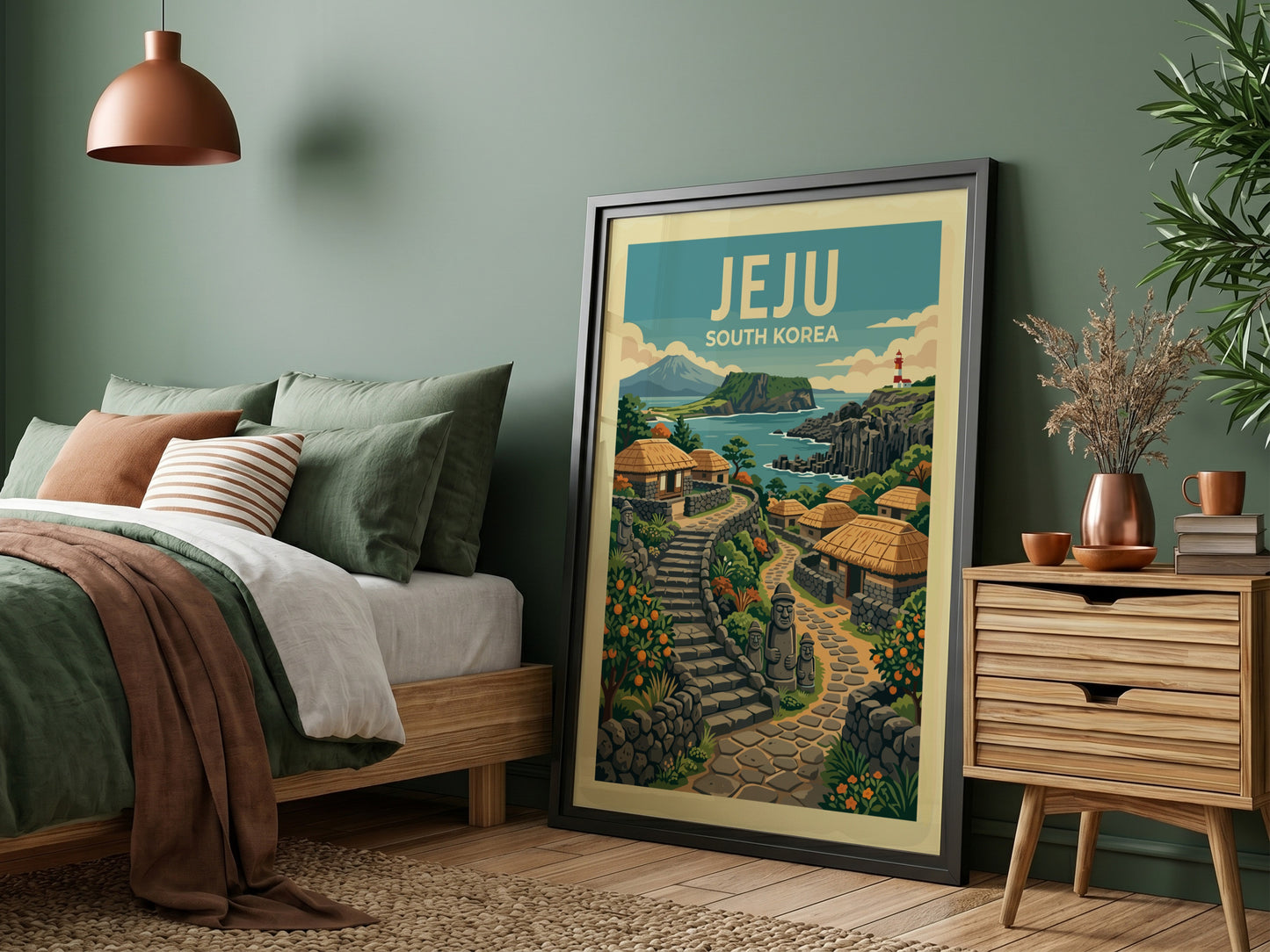Jeju South Korea travel poster featuring a coastal village with traditional houses and stone paths.