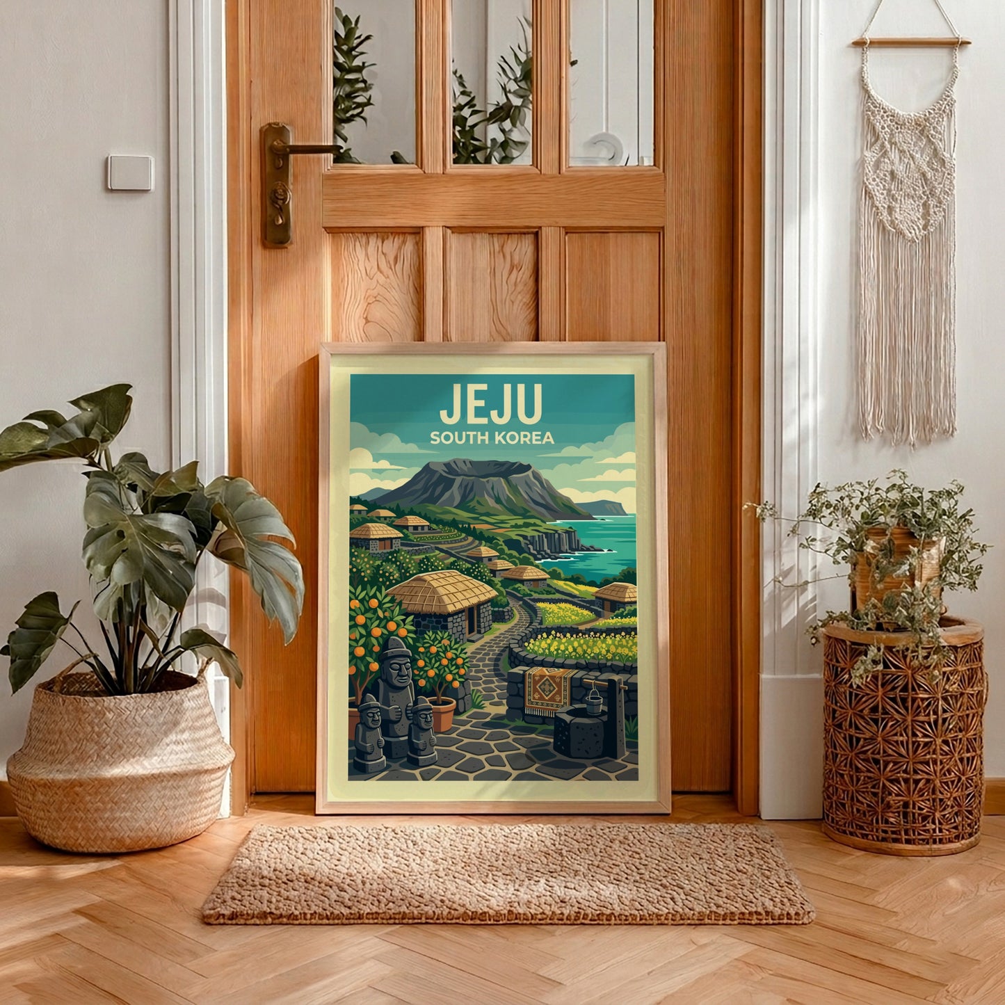 Jeju Village travel poster featuring stone houses, orange trees, and a volcanic crater in a vibrant