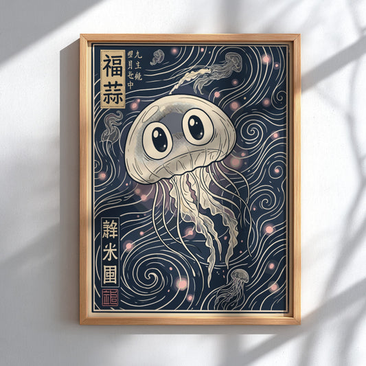Jellyfish drifting in deep currents with navy and blush tones in a whimsical poster.