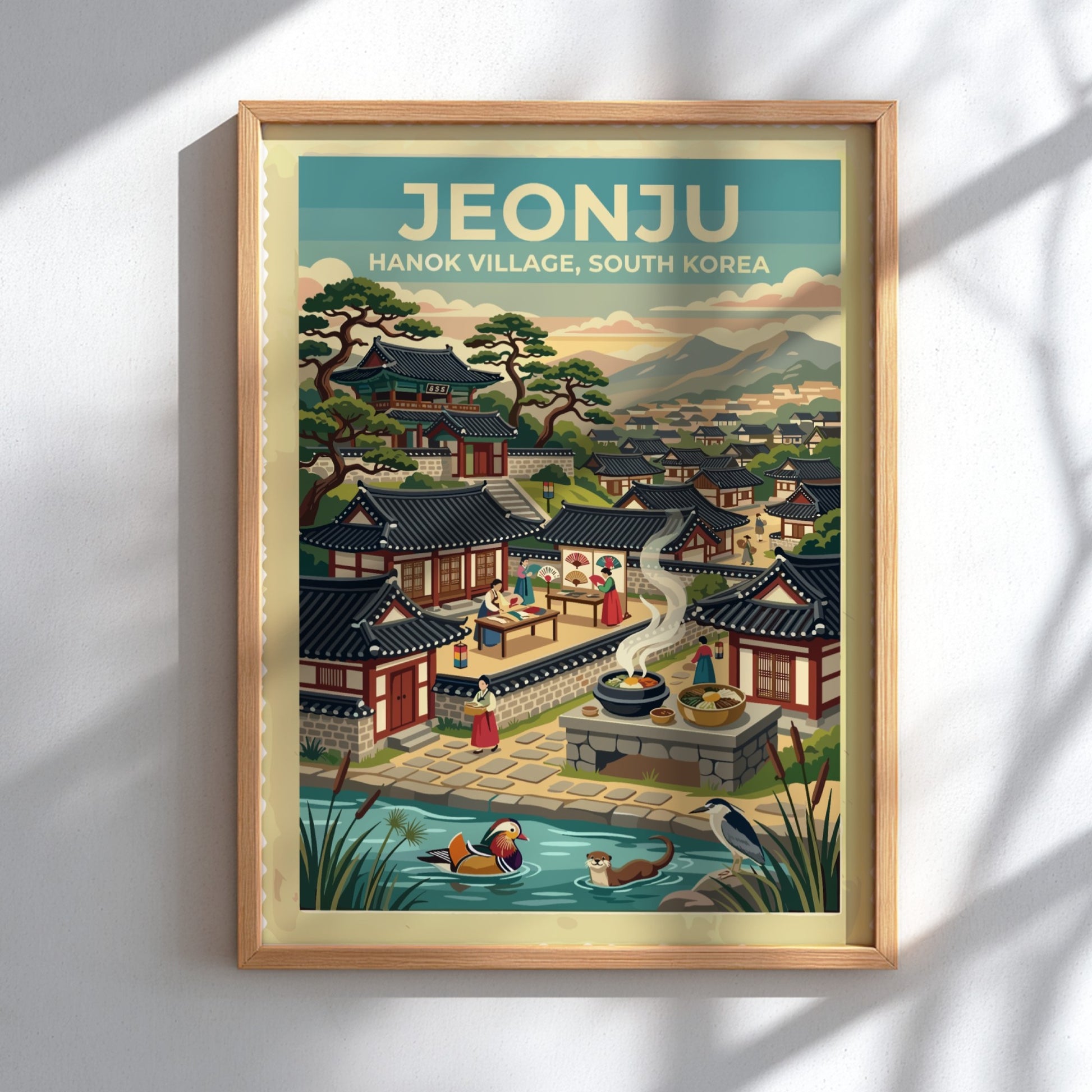 Jeonju Hanok Village poster featuring traditional roofs, mountains, and a peaceful pond scene.
