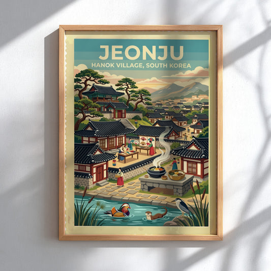 Jeonju Hanok Village poster featuring traditional roofs, mountains, and a peaceful pond scene.