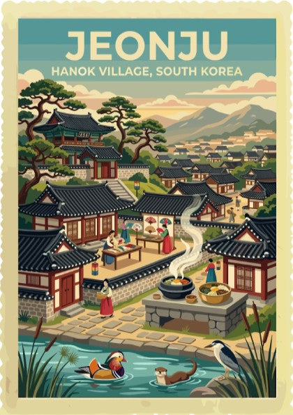 Jeonju Hanok Village poster featuring traditional roofs, mountains, and a peaceful pond scene.