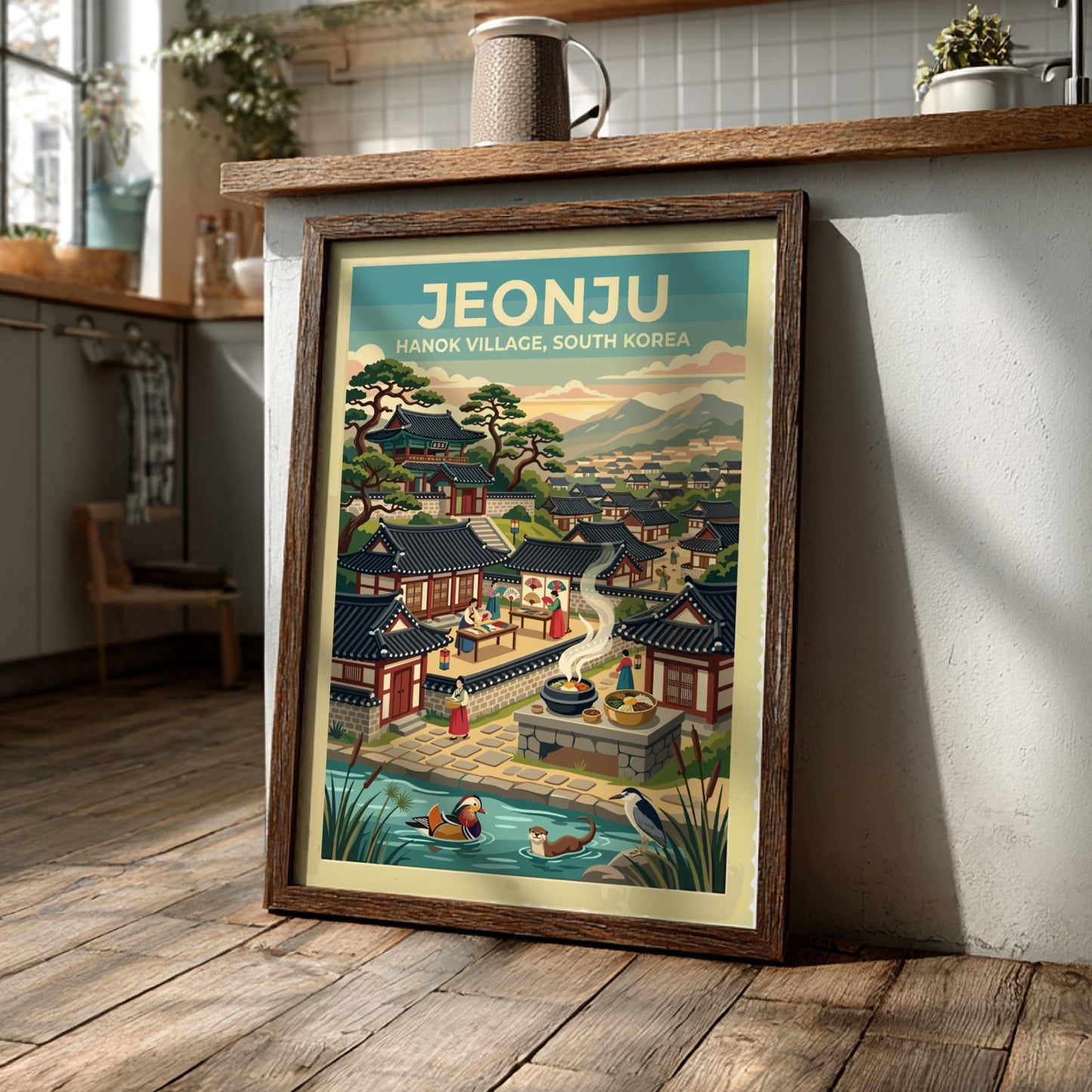 Jeonju Hanok Village poster featuring traditional roofs, mountains, and a peaceful pond scene.