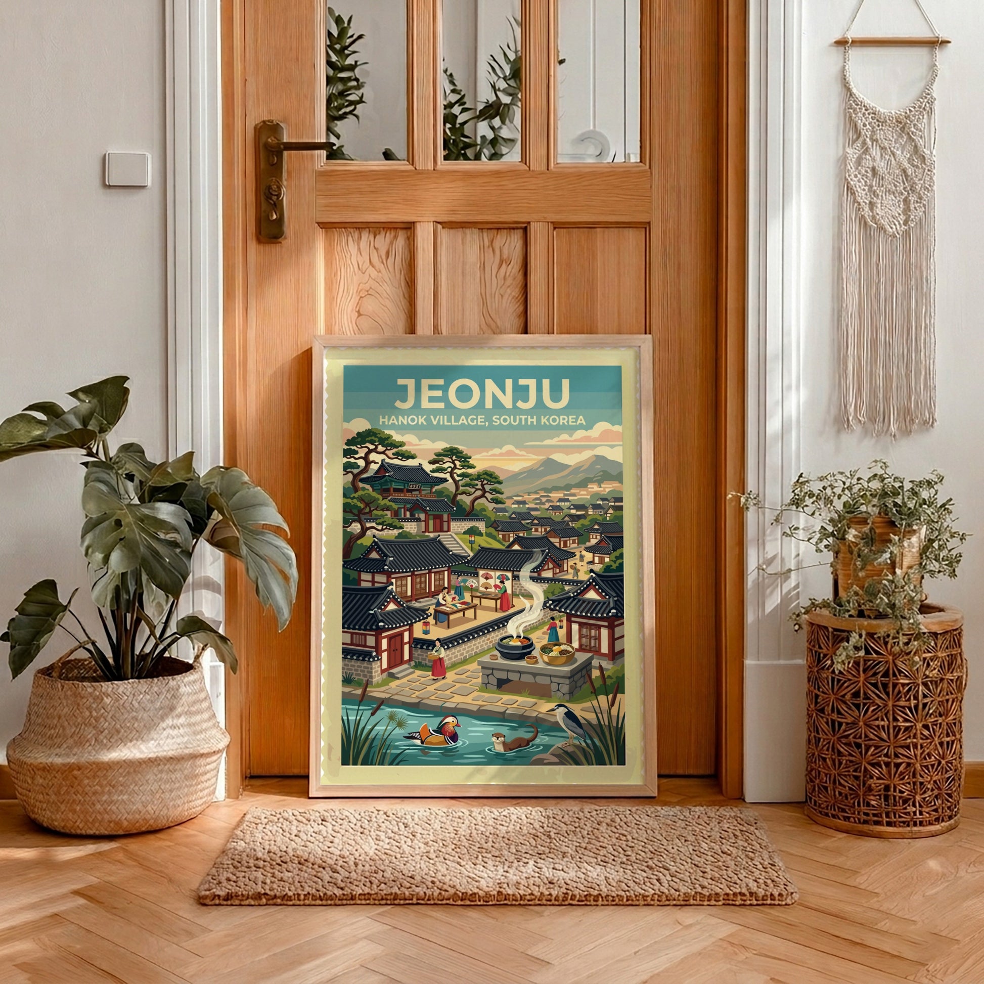 Jeonju Hanok Village poster featuring traditional roofs, mountains, and a peaceful pond scene.