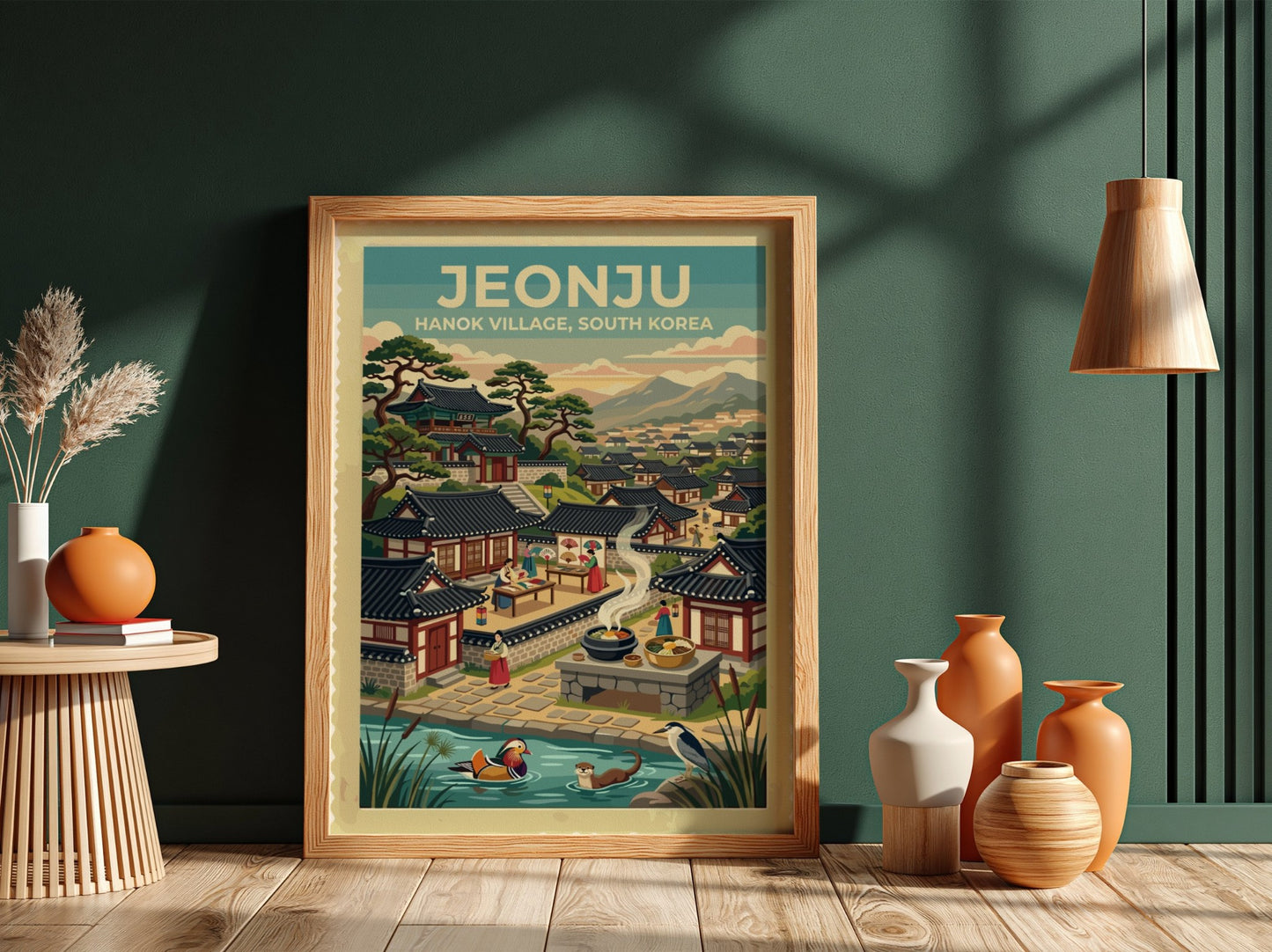 Jeonju Hanok Village poster featuring traditional roofs, mountains, and a peaceful pond scene.