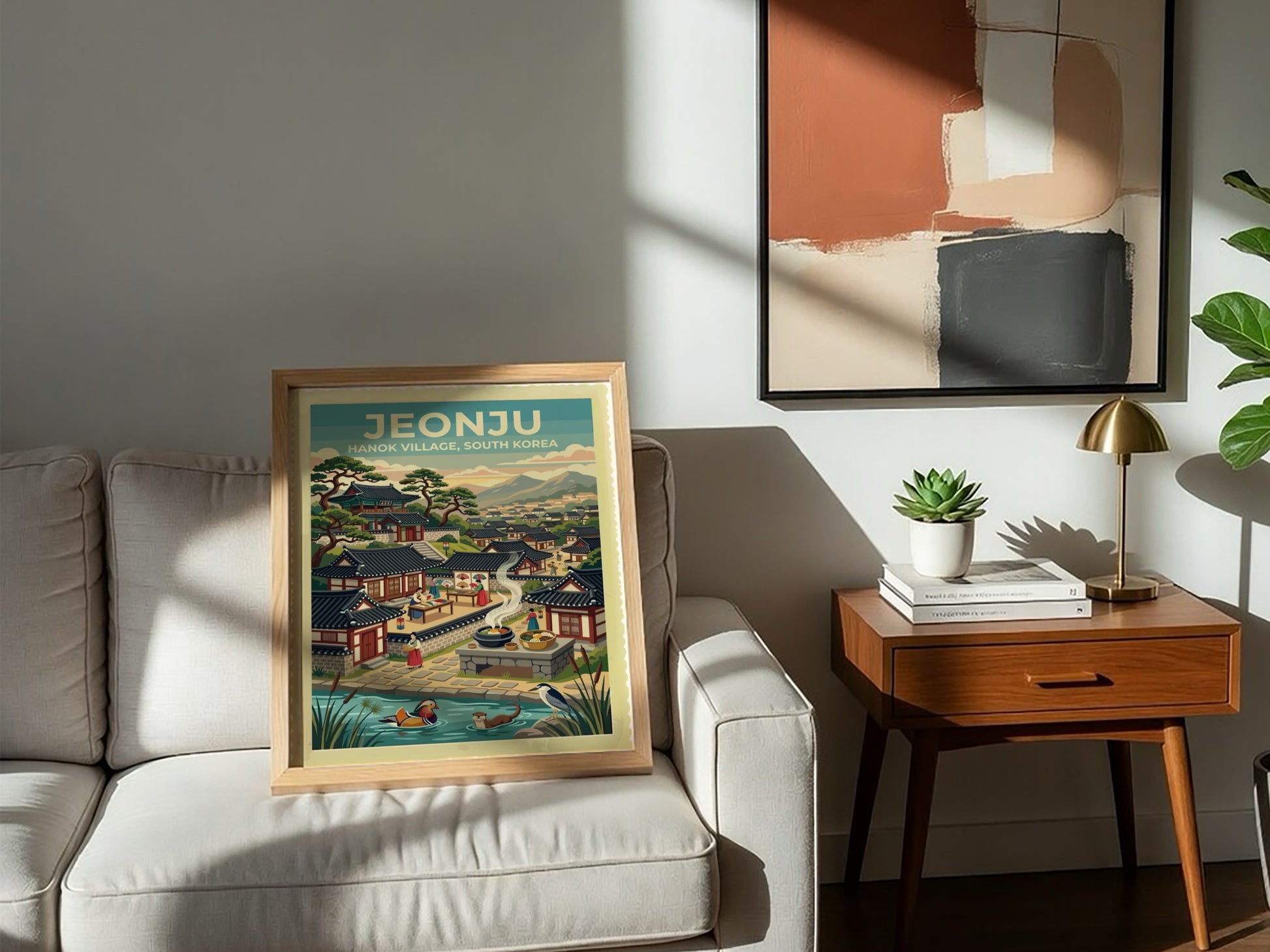 Jeonju Hanok Village poster featuring traditional roofs, mountains, and a peaceful pond scene.
