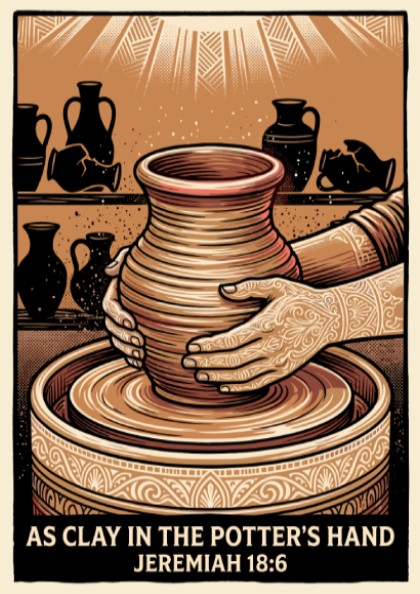 Poster featuring a potter shaping clay with the quote As Clay in the Potter's Hand.