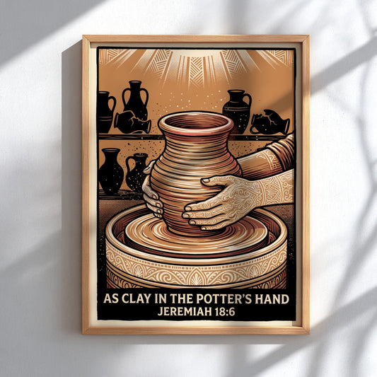 Poster featuring a potter shaping clay with the quote As Clay in the Potter's Hand.
