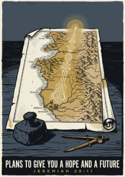 Poster featuring a vintage map with golden light and the words Plans to Give You a Hope