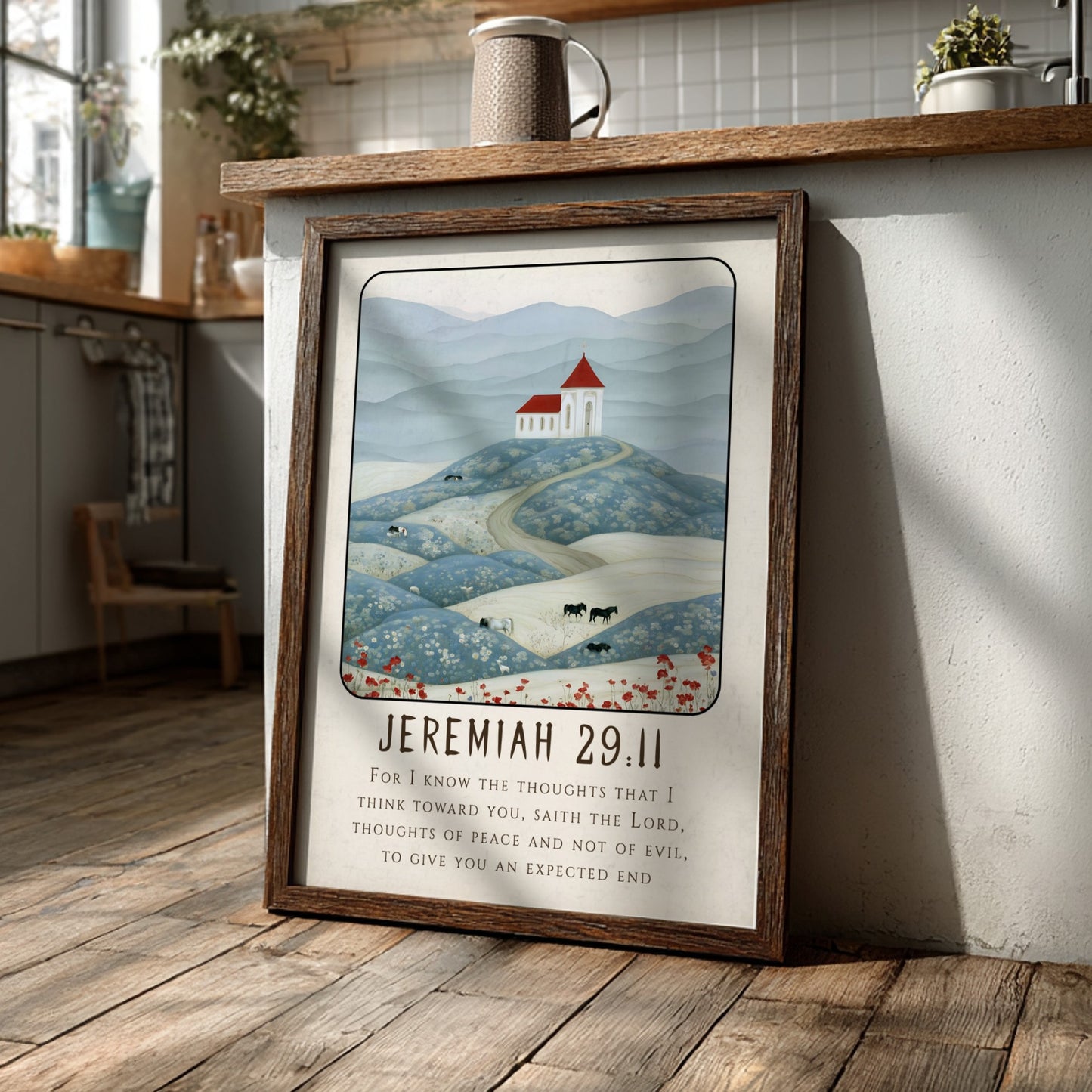 Jeremiah 29:11 poster featuring serene landscape and church in soft colors, perfect for religion wall art.