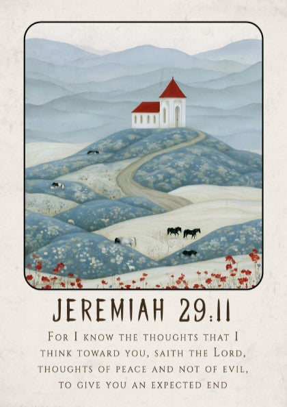 Jeremiah 29:11 poster featuring serene landscape and church in soft colors, perfect for religion wall art.