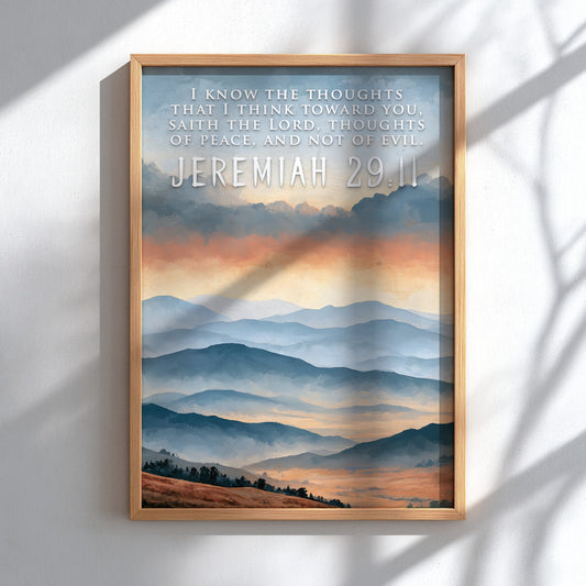 Poster featuring soft blue mountain ranges under a golden sunrise with scripture text overlay.