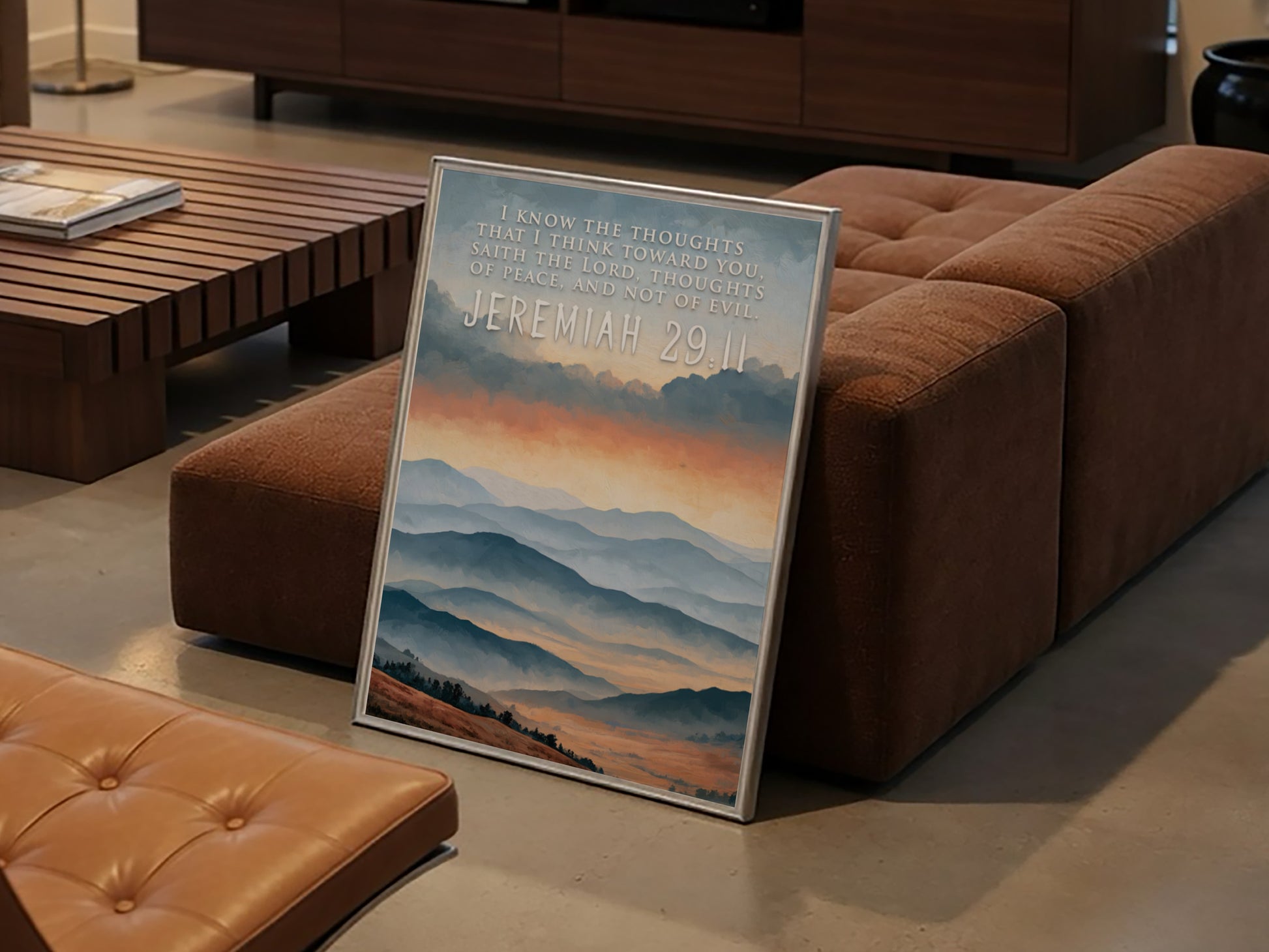 Poster featuring soft blue mountain ranges under a golden sunrise with scripture text overlay.