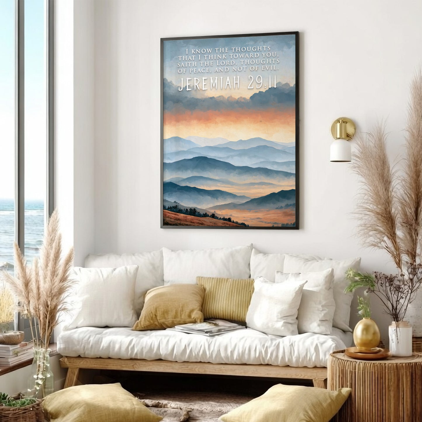 Poster featuring soft blue mountain ranges under a golden sunrise with scripture text overlay.