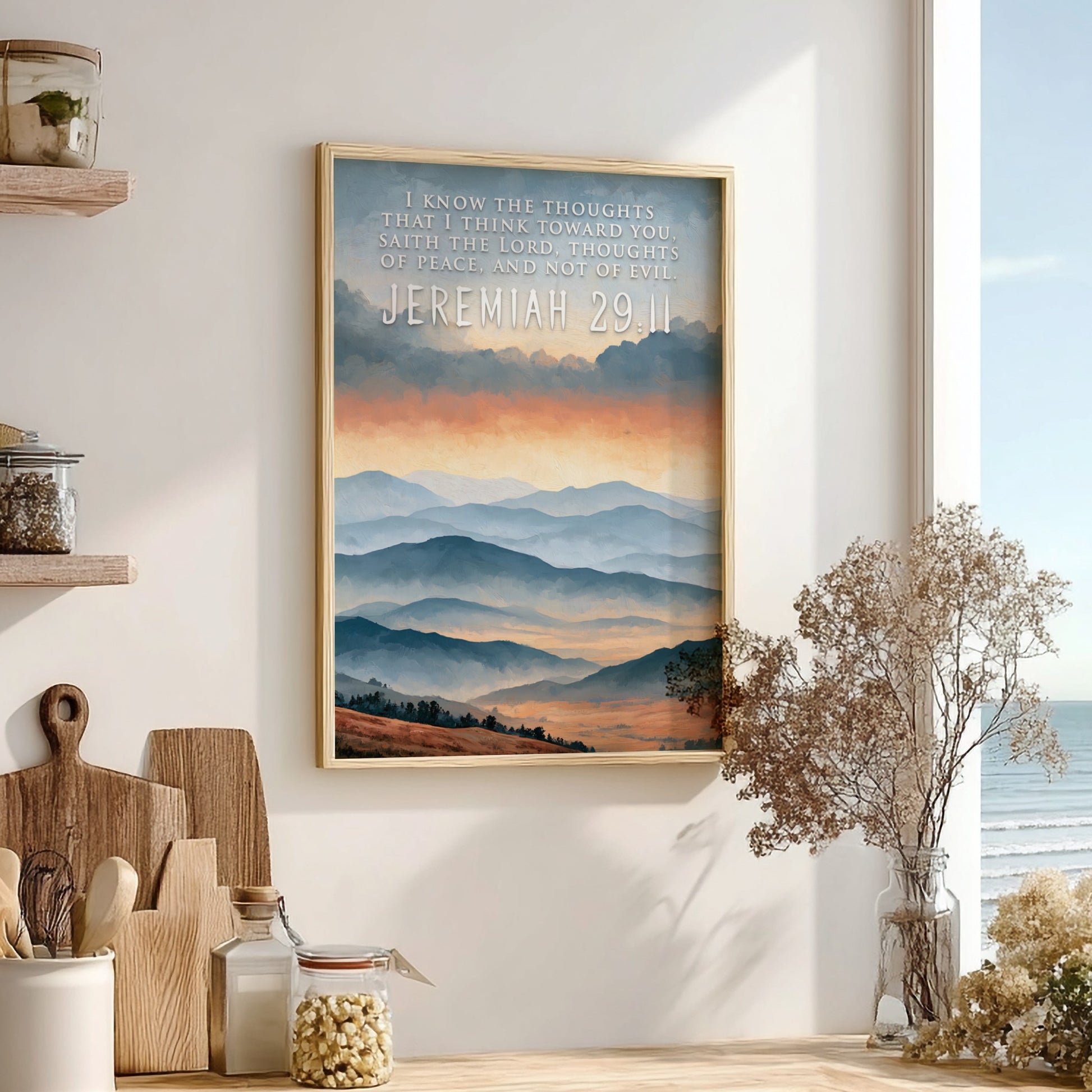 Poster featuring soft blue mountain ranges under a golden sunrise with scripture text overlay.