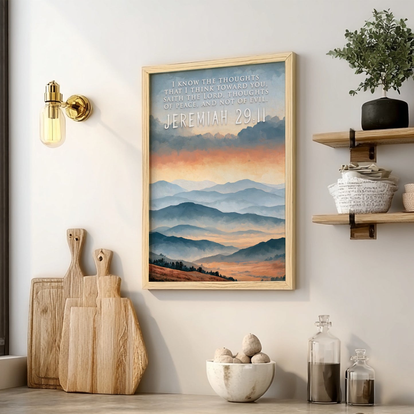 Poster featuring soft blue mountain ranges under a golden sunrise with scripture text overlay.