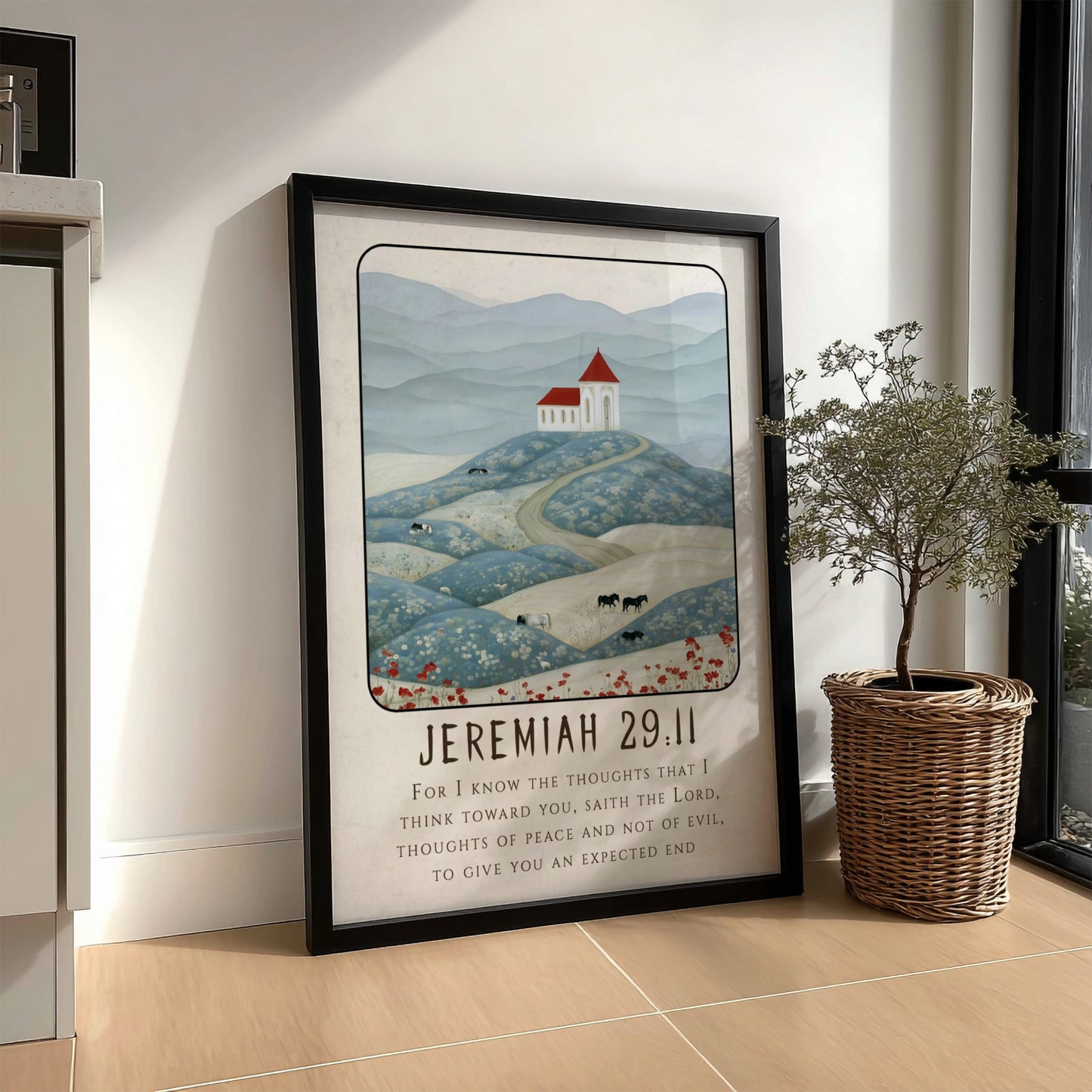 Jeremiah 29:11 poster featuring serene landscape and church in soft colors, perfect for religion wall art.
