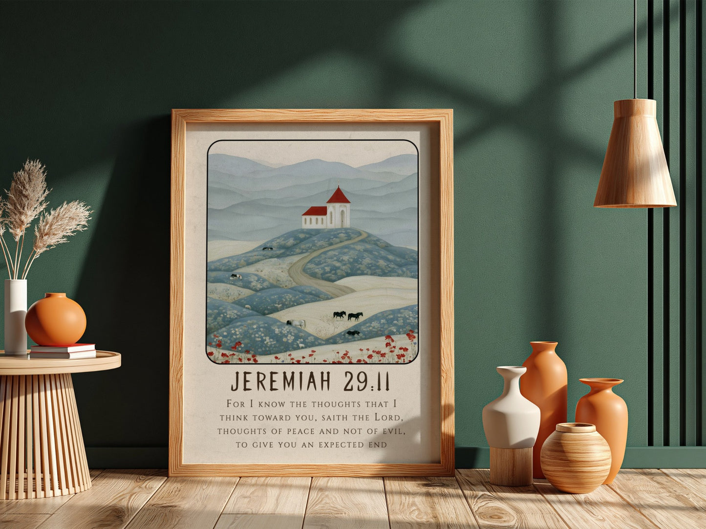Jeremiah 29:11 poster featuring serene landscape and church in soft colors, perfect for religion wall art.