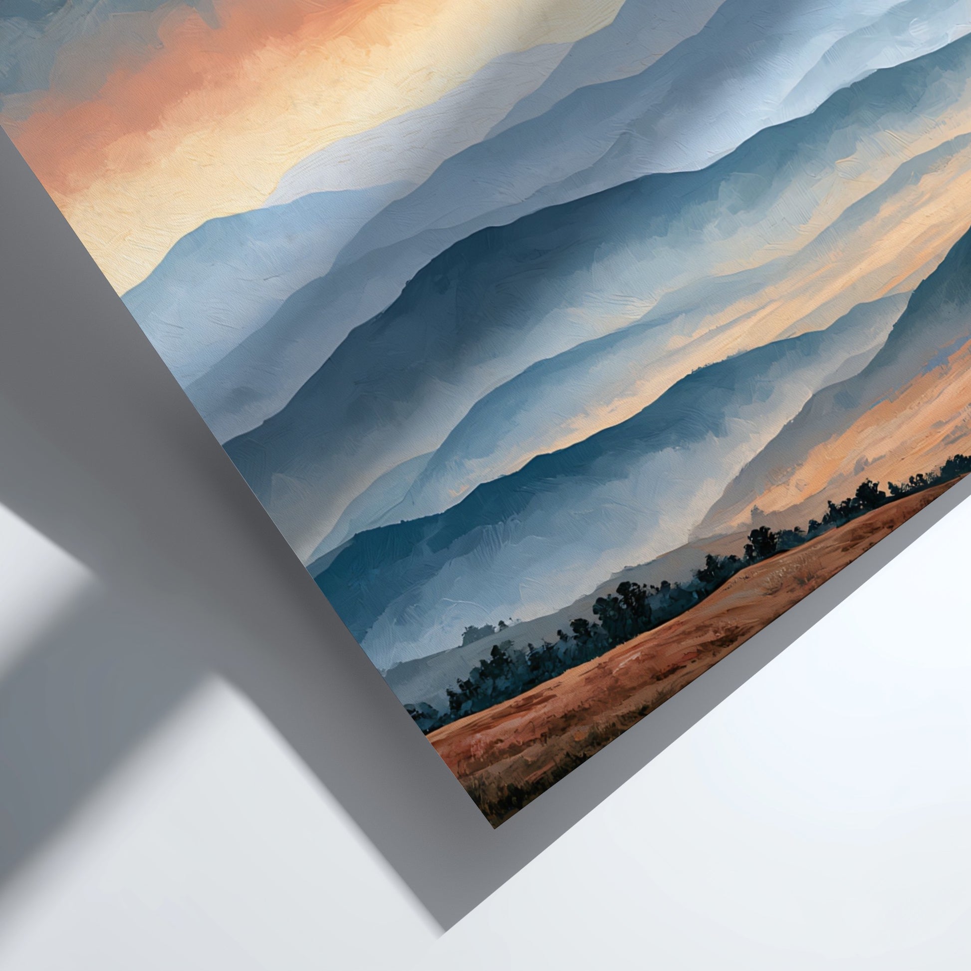 Poster featuring soft blue mountain ranges under a golden sunrise with scripture text overlay.