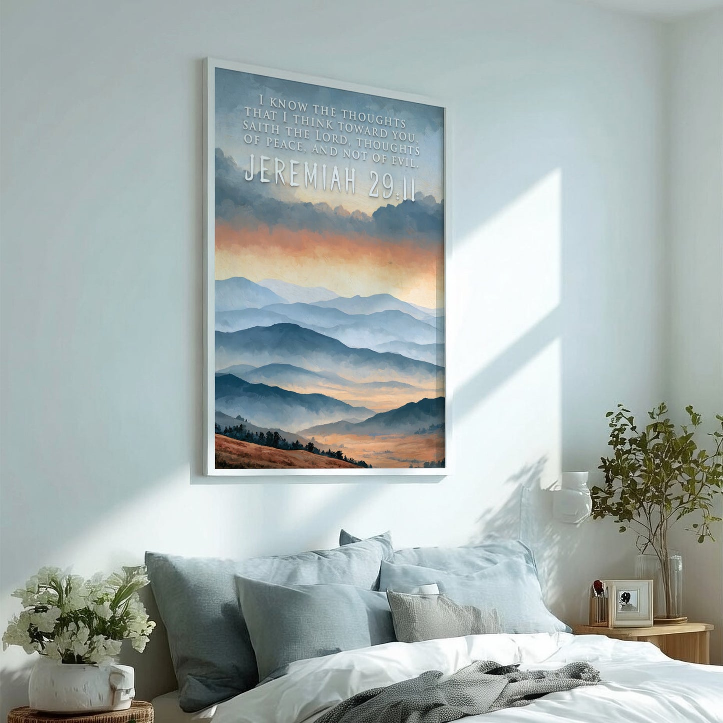 Poster featuring soft blue mountain ranges under a golden sunrise with scripture text overlay.